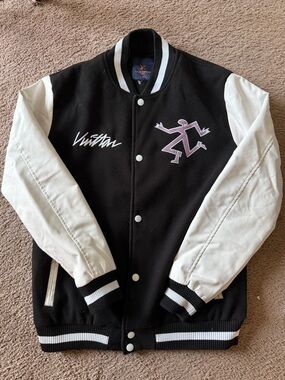 Louis Vuitton Black & White Varsity Jacket with Pink Graphic